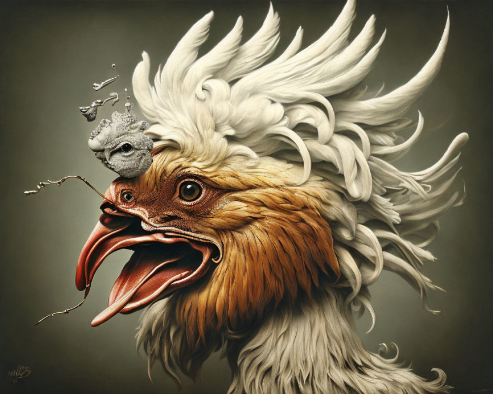 Detailed surreal artwork: chicken with elongated tongue and grey bird perched.