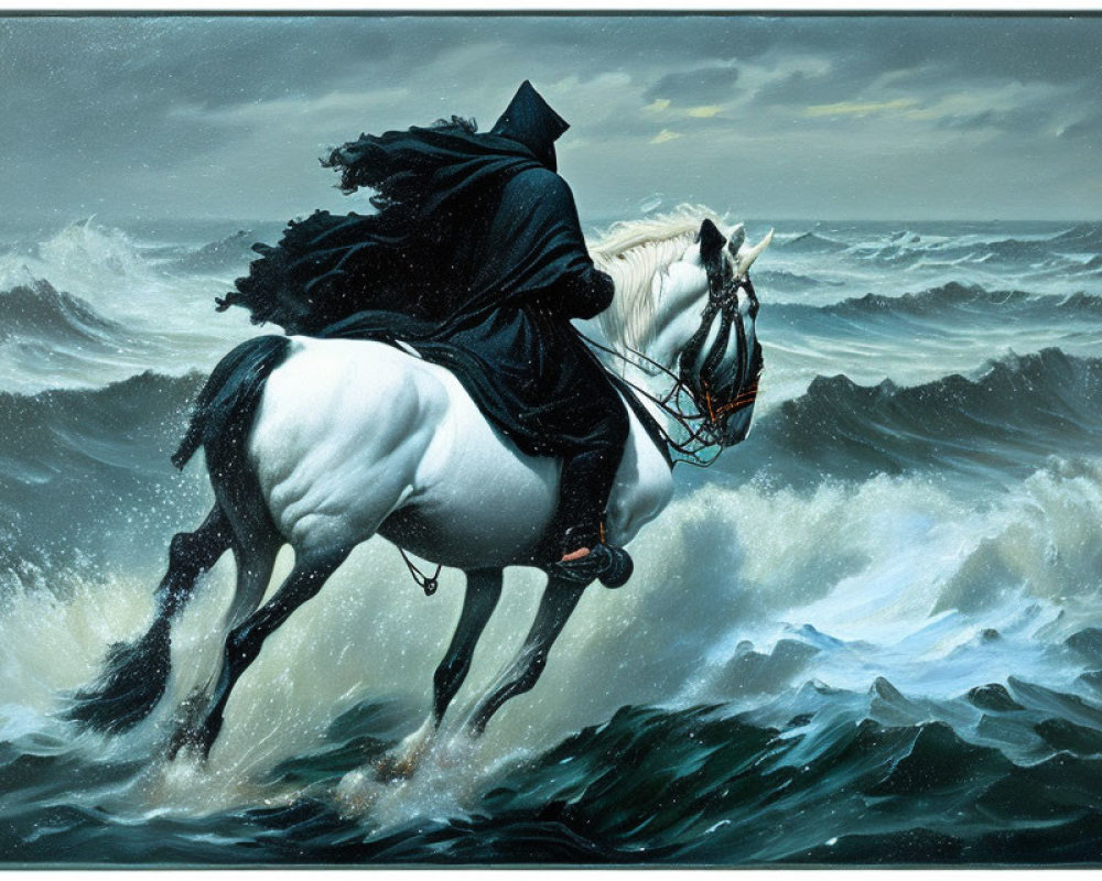 Cloaked Figure on White Horse in Turbulent Ocean Storm
