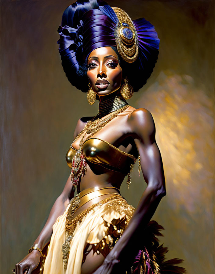Luxurious Woman in Golden and Blue Headwrap and Outfit