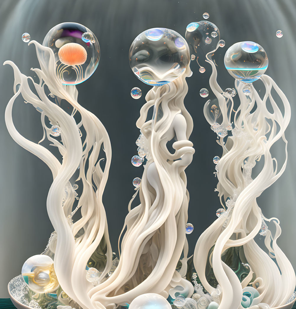 Fluid white sea creatures in ethereal bubbles on soft background.