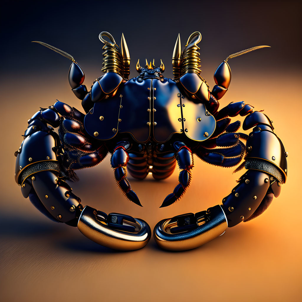 Detailed Stylized Robotic Crab Illustration in Metallic Blue and Gold on Gradient Background