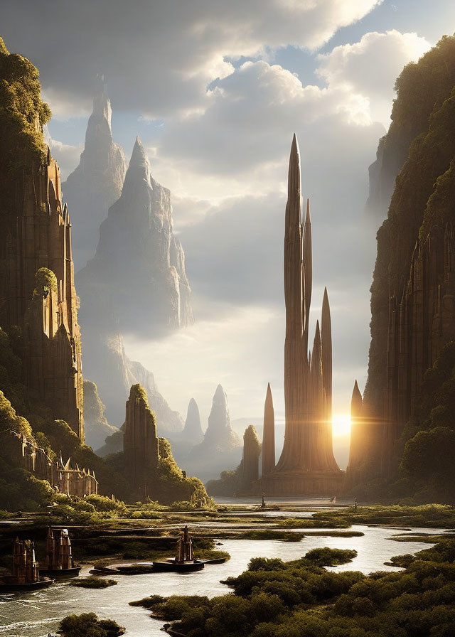 Fantastical landscape with towering spires, lush greenery, river, and radiant sunlight.