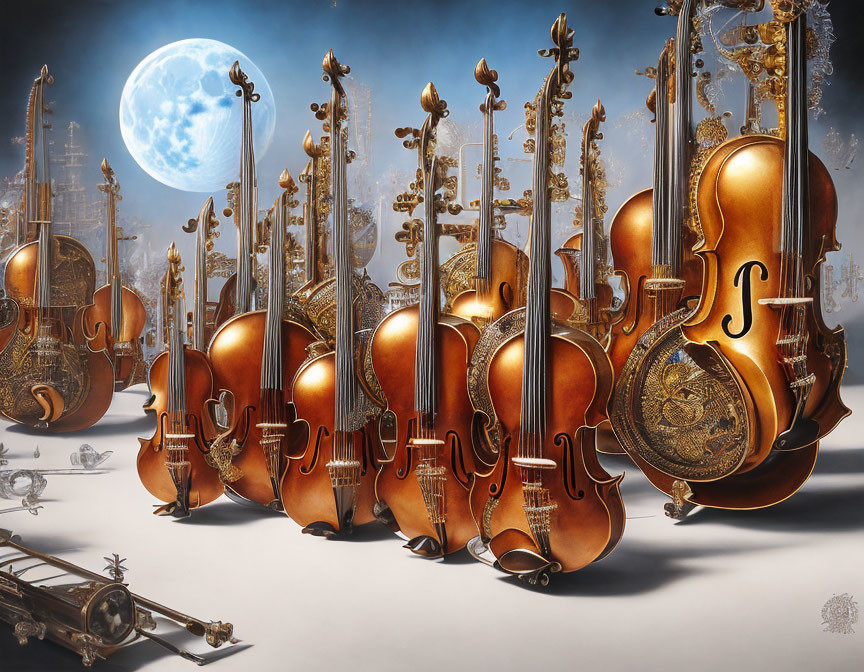 Ornate golden string instruments with moon backdrop