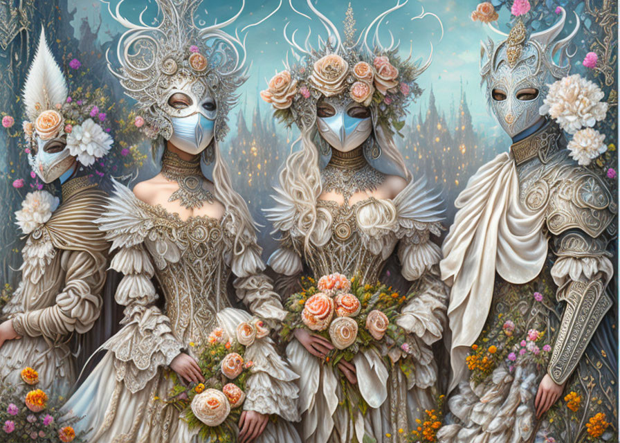 Elaborate fantasy figures in white dresses with masks and bouquets against forest backdrop