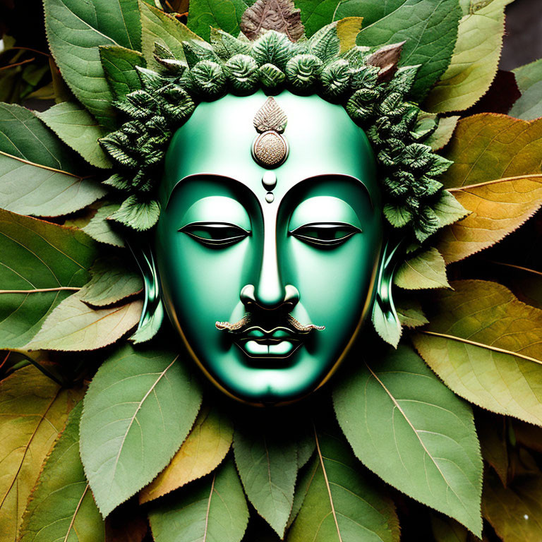 Green Buddha Face Mask Surrounded by Lush Leaves