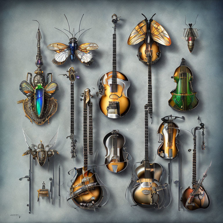 Steampunk-inspired Instruments and Mechanical Insects on Gray Background
