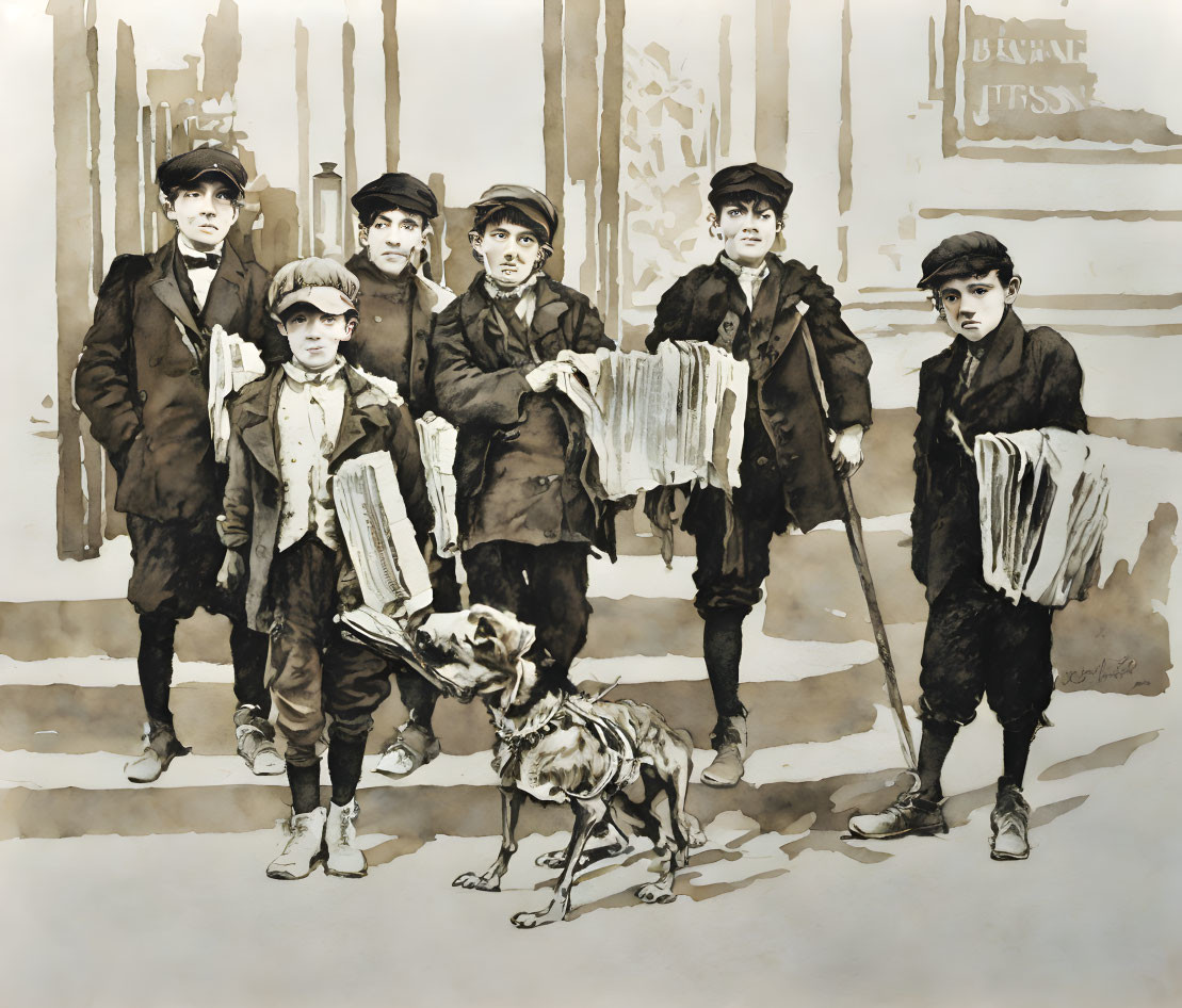 Vintage sepia illustration of newsboys with dog in street