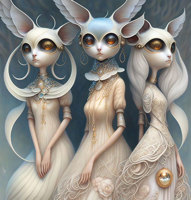 Stylized anthropomorphic feline creatures in mystical forest