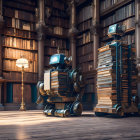 Vintage robots in classic library with wood bookshelves and brass lamps