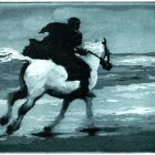 Cloaked Figure on White Horse in Turbulent Ocean Storm