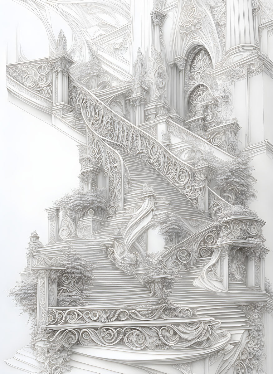 Detailed grayscale drawing of ornate baroque spiral staircase