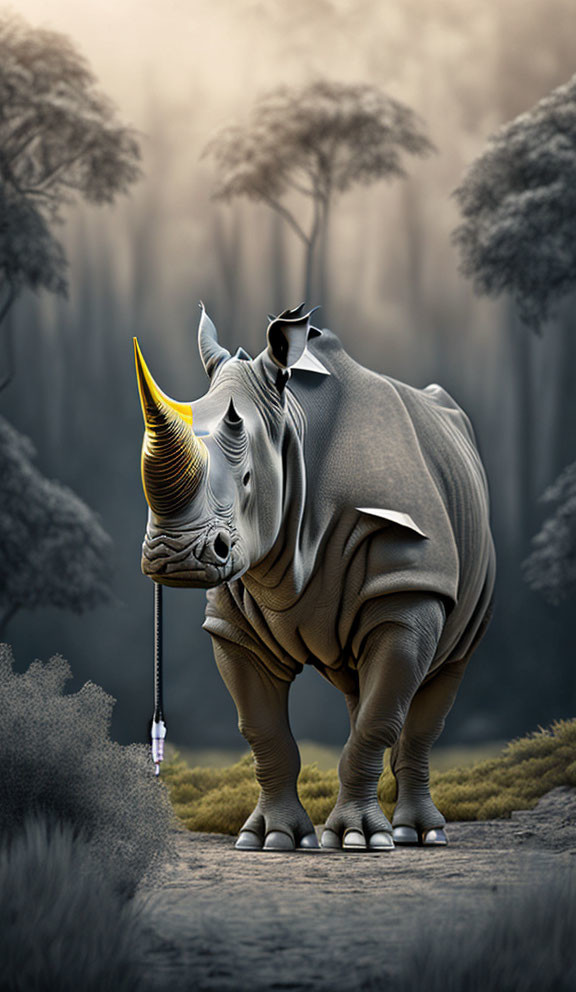 Digitally altered image of rhinoceros with golden horn in misty forest