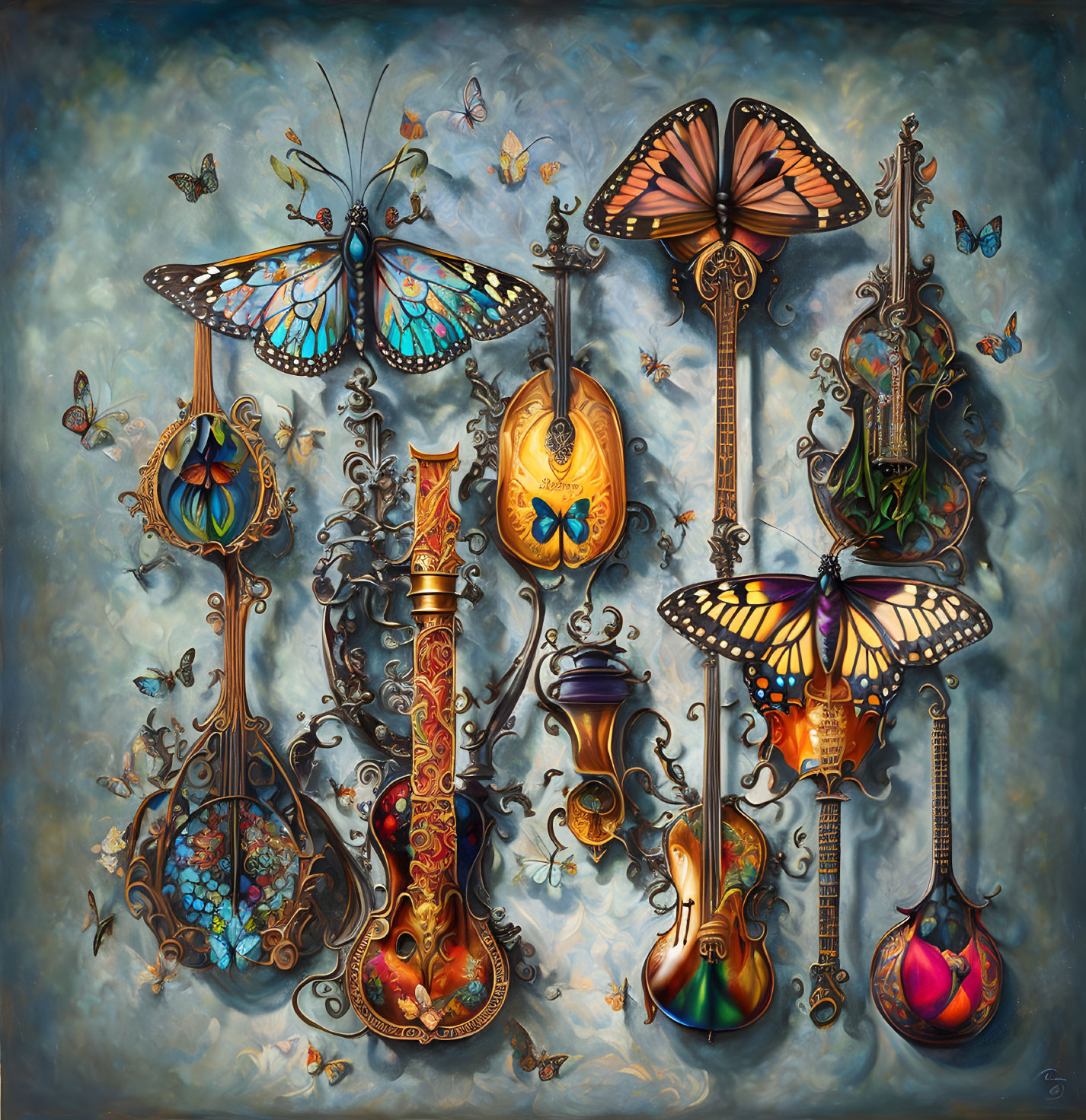 Ornate Stringed Instruments and Butterflies on Vibrant Blue Background