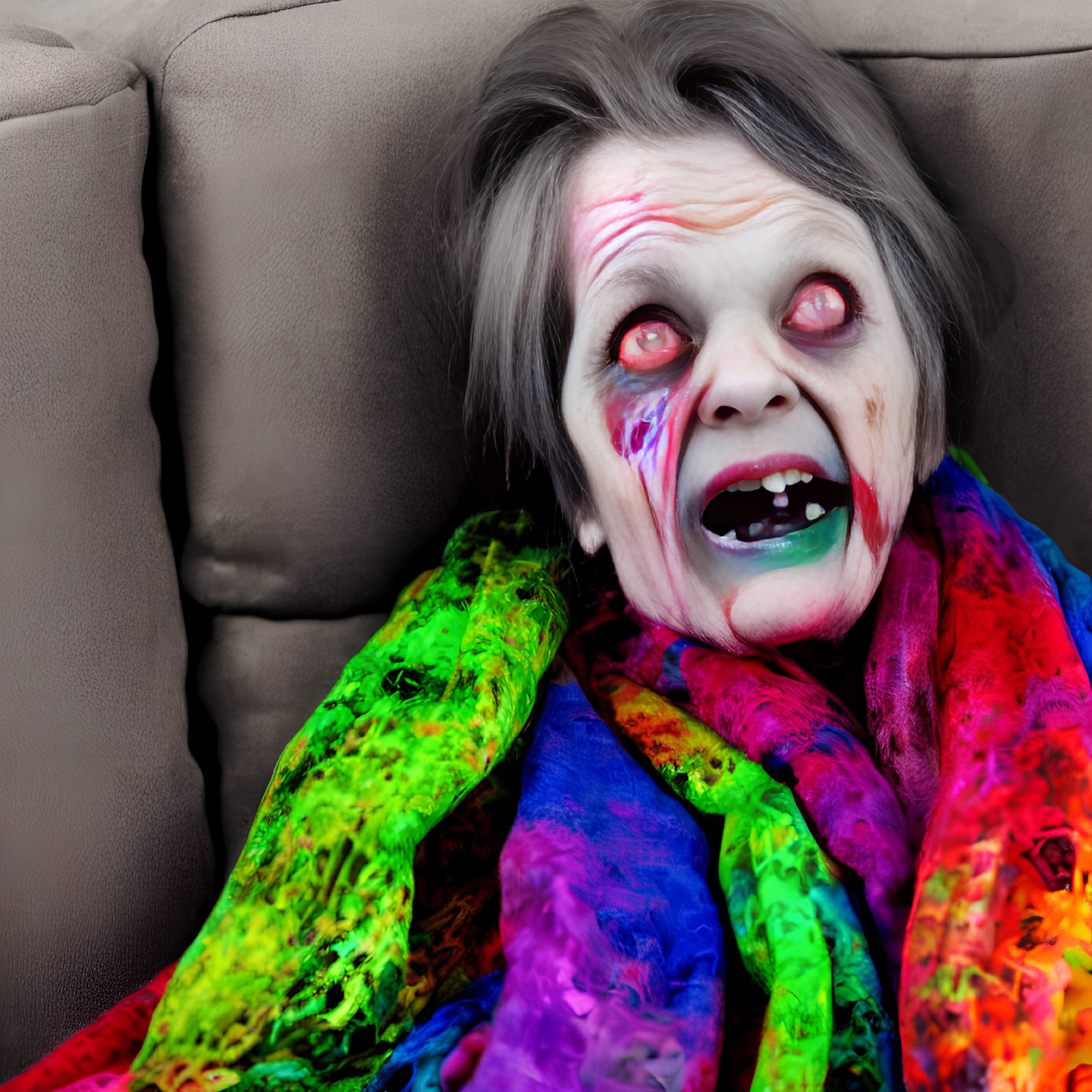 Person with zombie makeup and red eyes sitting against a sofa in colorful scarf