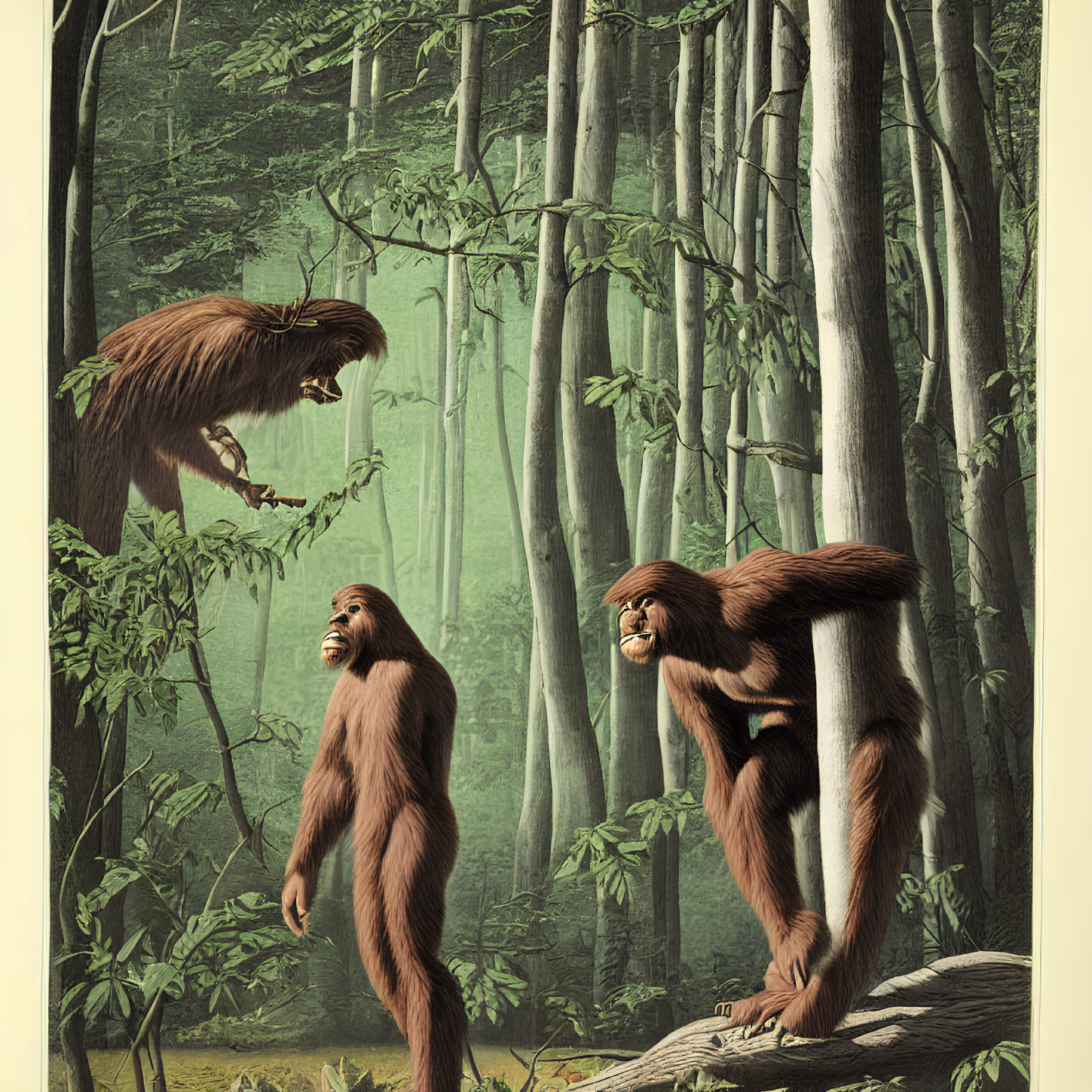 Three Large Ape-like Creatures in Forest Scene