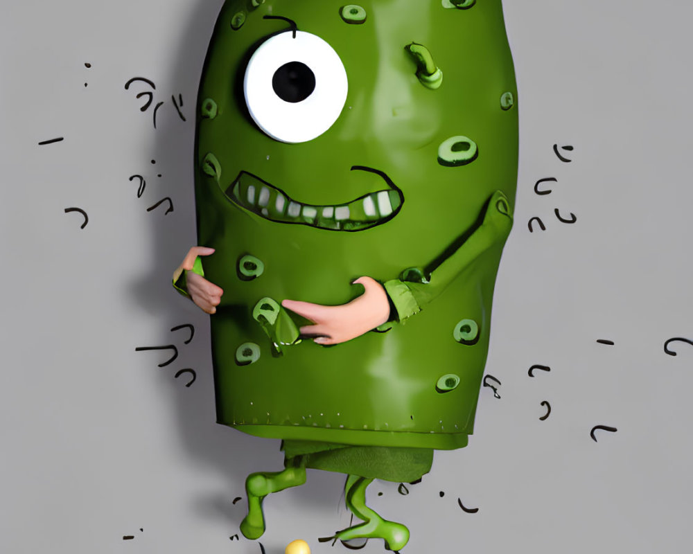 Green character with multiple eyes dropping alphabet letters into a bowl