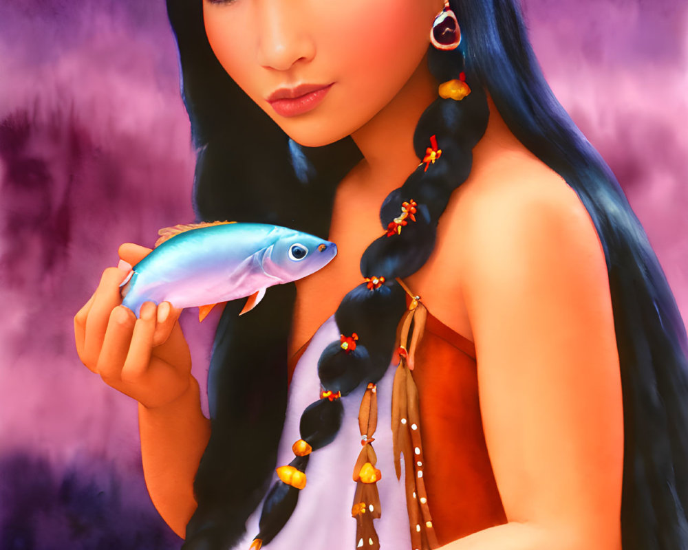 Illustration of young woman with long dark hair holding blue fish on purple background
