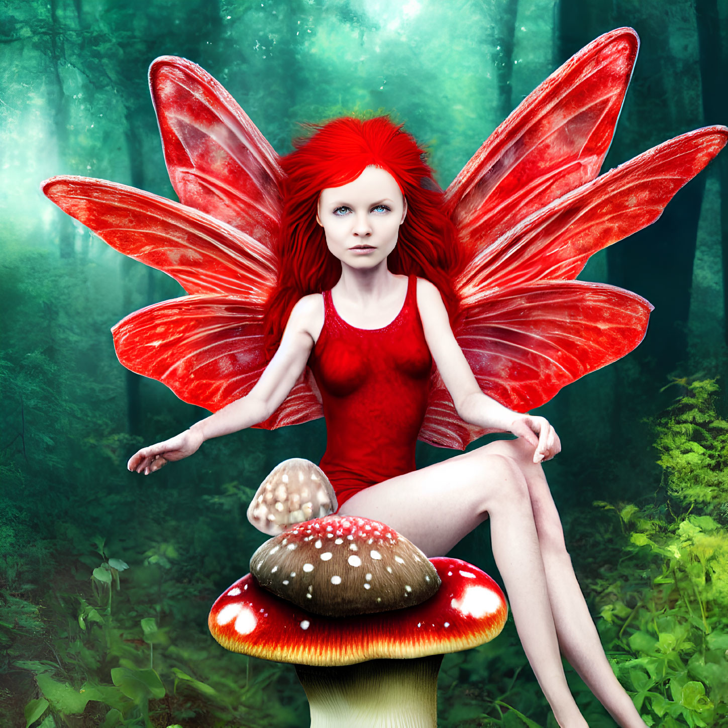 Red-Haired Fairy with Translucent Wings on Mushroom in Enchanted Forest