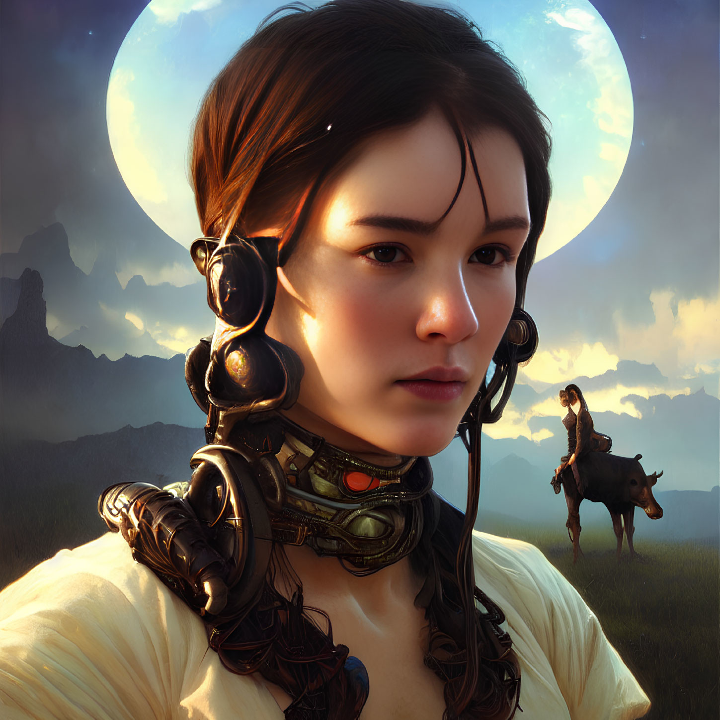Digital Artwork: Woman with Futuristic Headphones, Two Moons, Field & Horse Rider