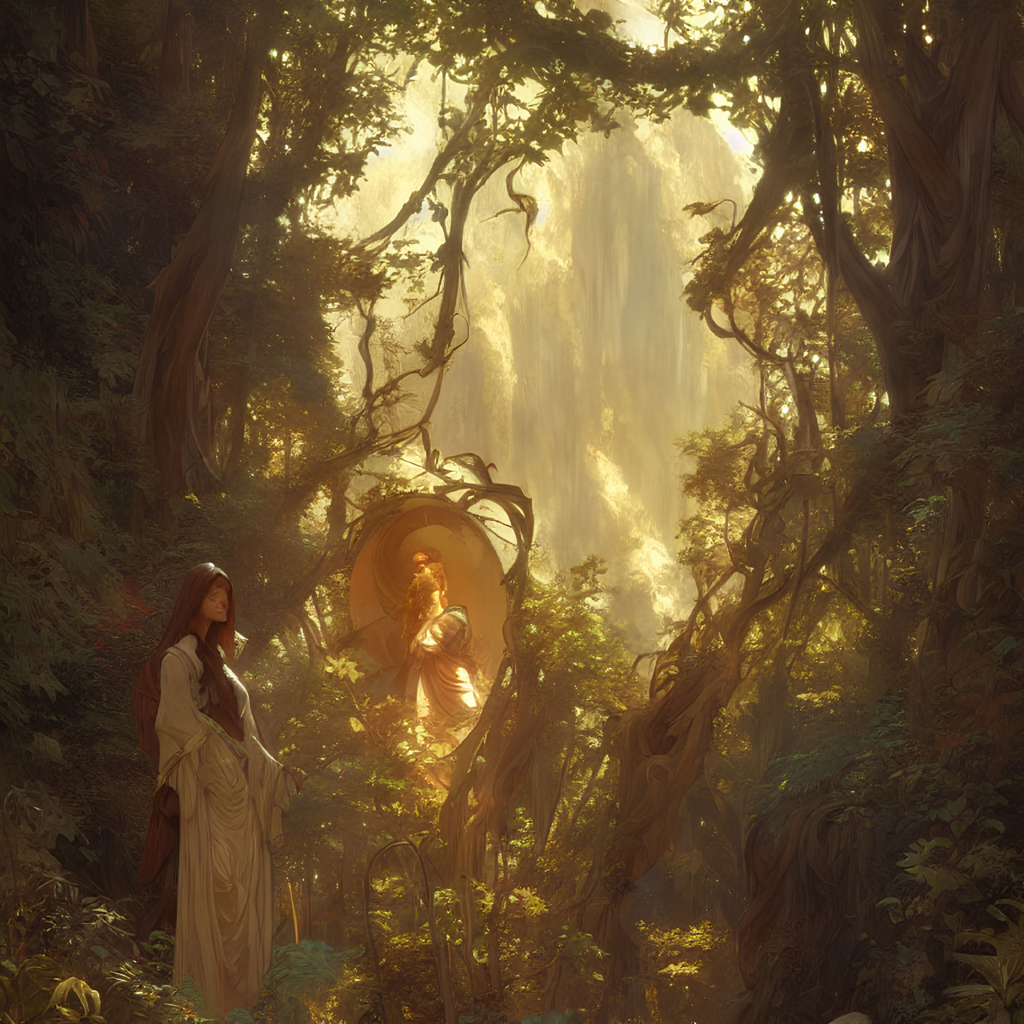 Enchanting forest scene with woman and luminous figure in portal