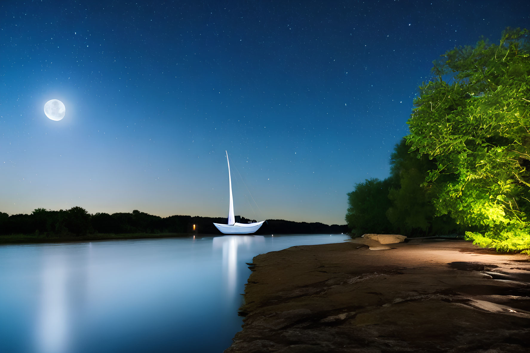 Tranquil nighttime sailboat scene with moonlit shoreline