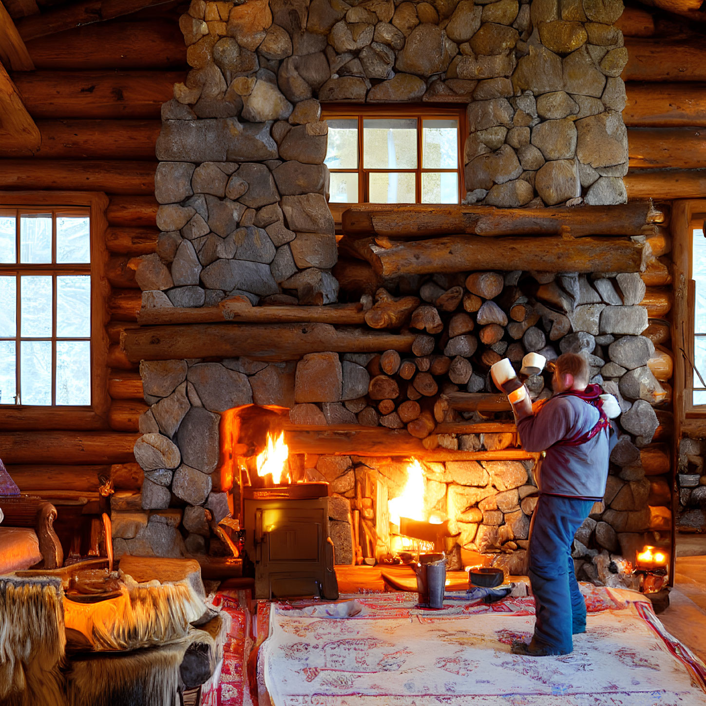 Person reading by cozy fireplace in rustic log cabin with stone and wood decor