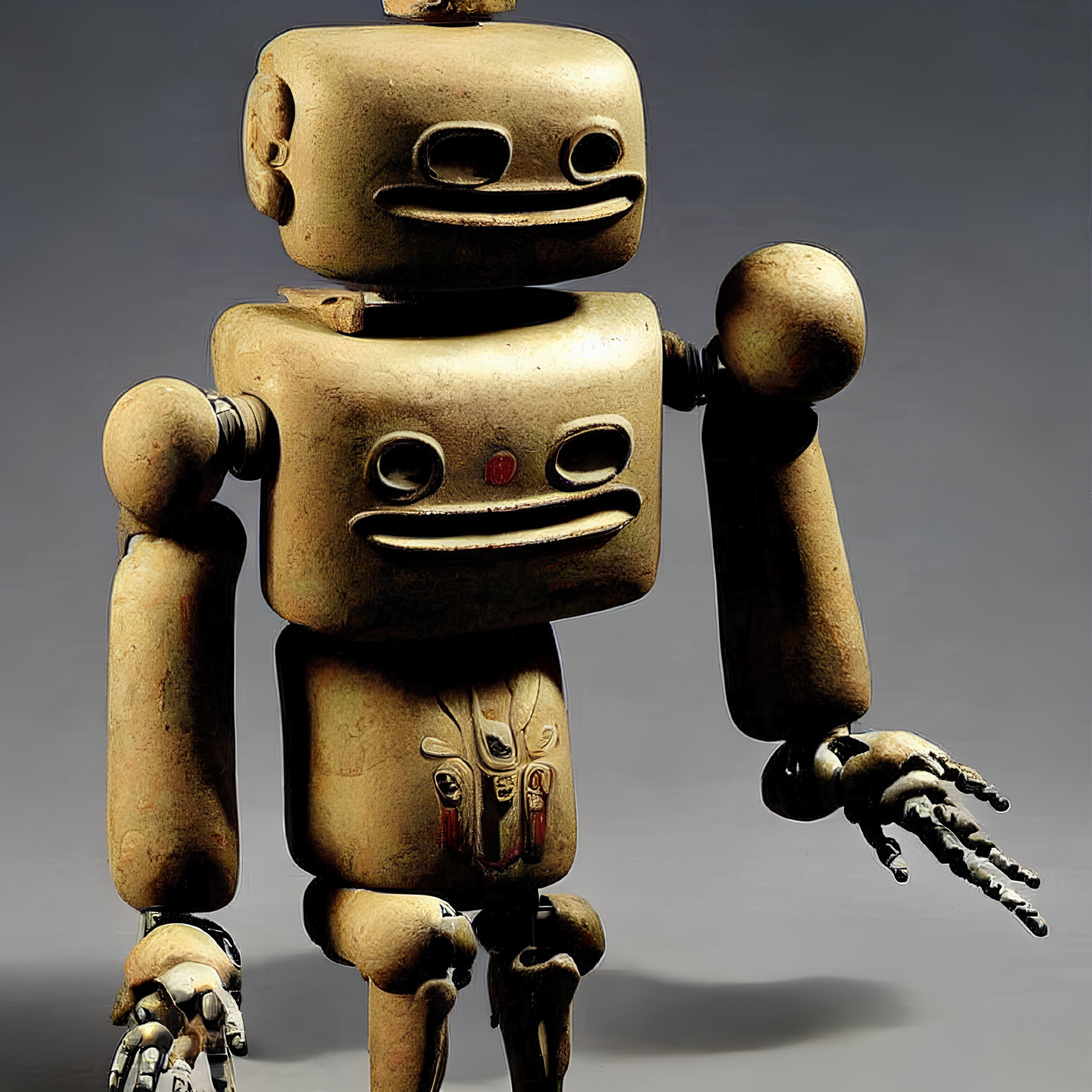 Blocky Retro-style Robot Toy with Metallic Finish and Claw-like Hands