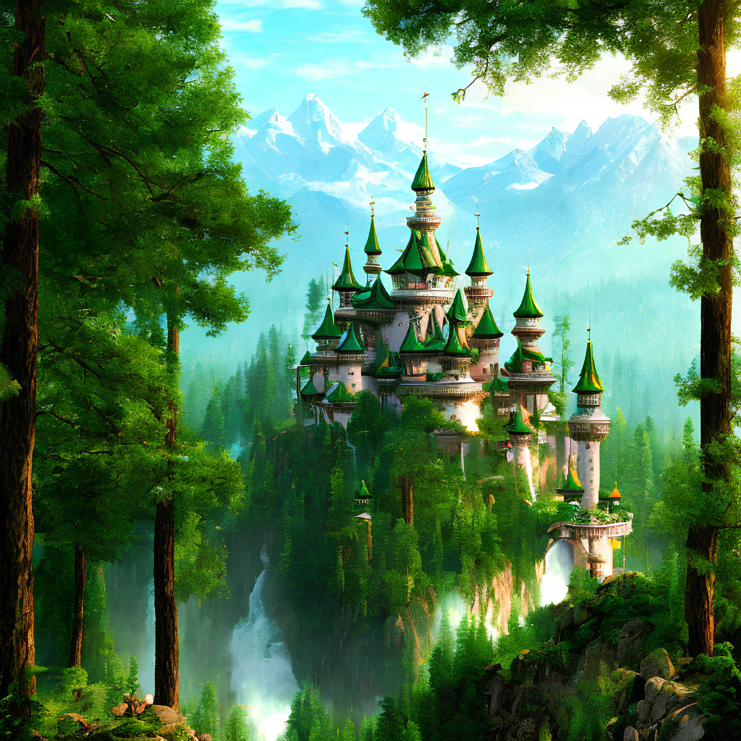 Green-roofed castle on cliff in forest with mountains and waterfall