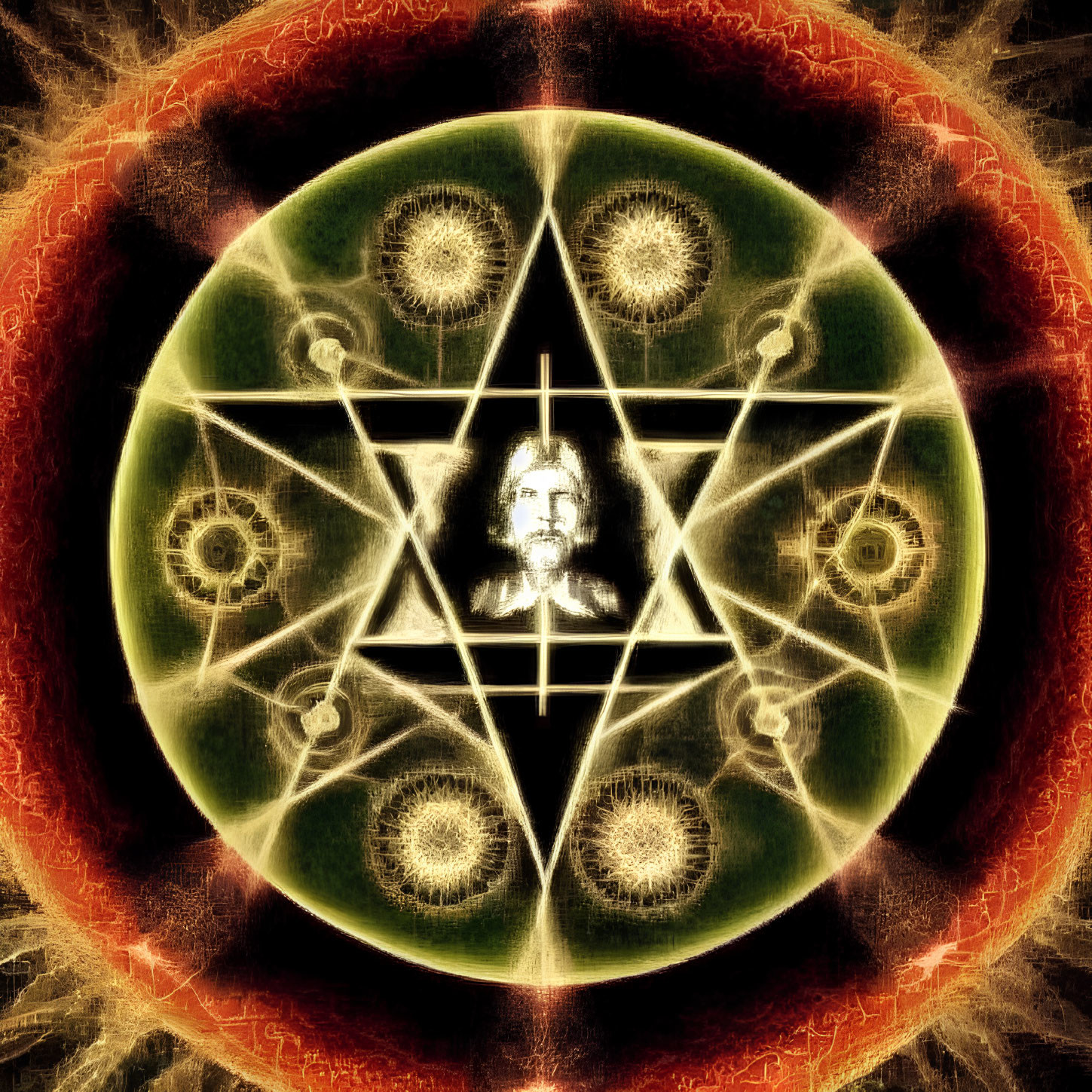 Geometric Pentagram Design with Human Face on Fiery Background