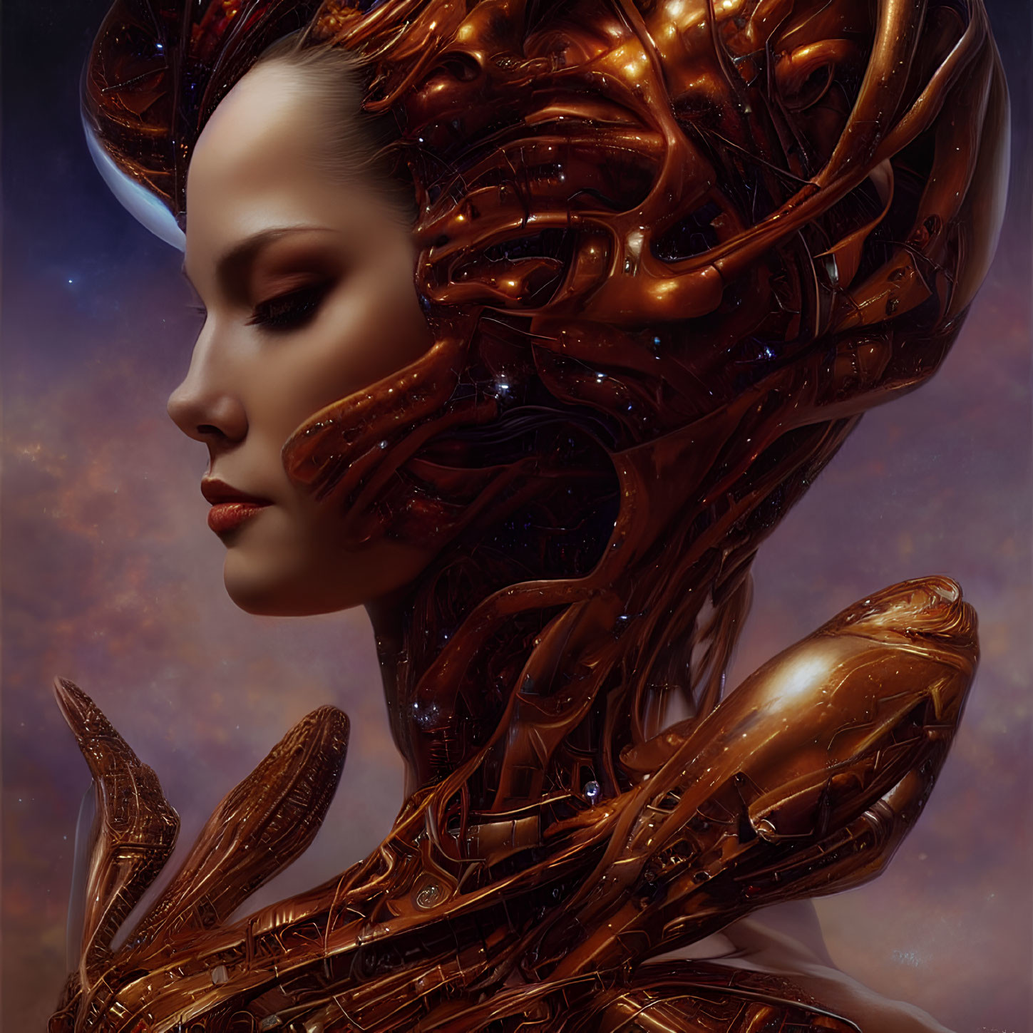 Woman with Bronze Cybernetic Enhancements in Cosmic Setting