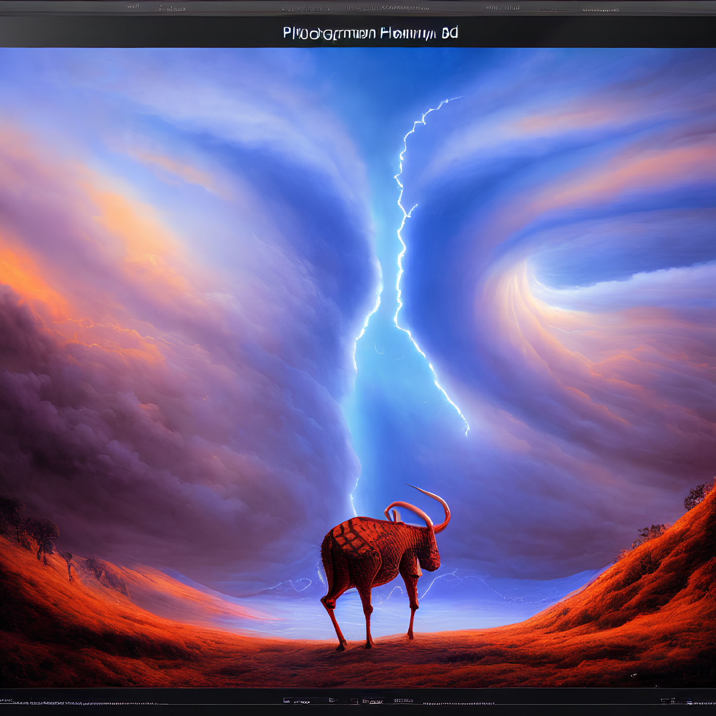 Vivid digital artwork of kudu antelope under dramatic sky