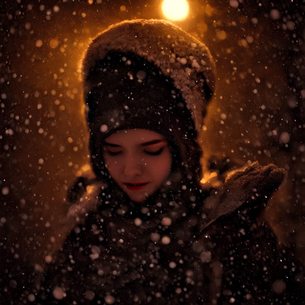 Person in Winter Hat and Scarf in Warm Light Snowfall at Night