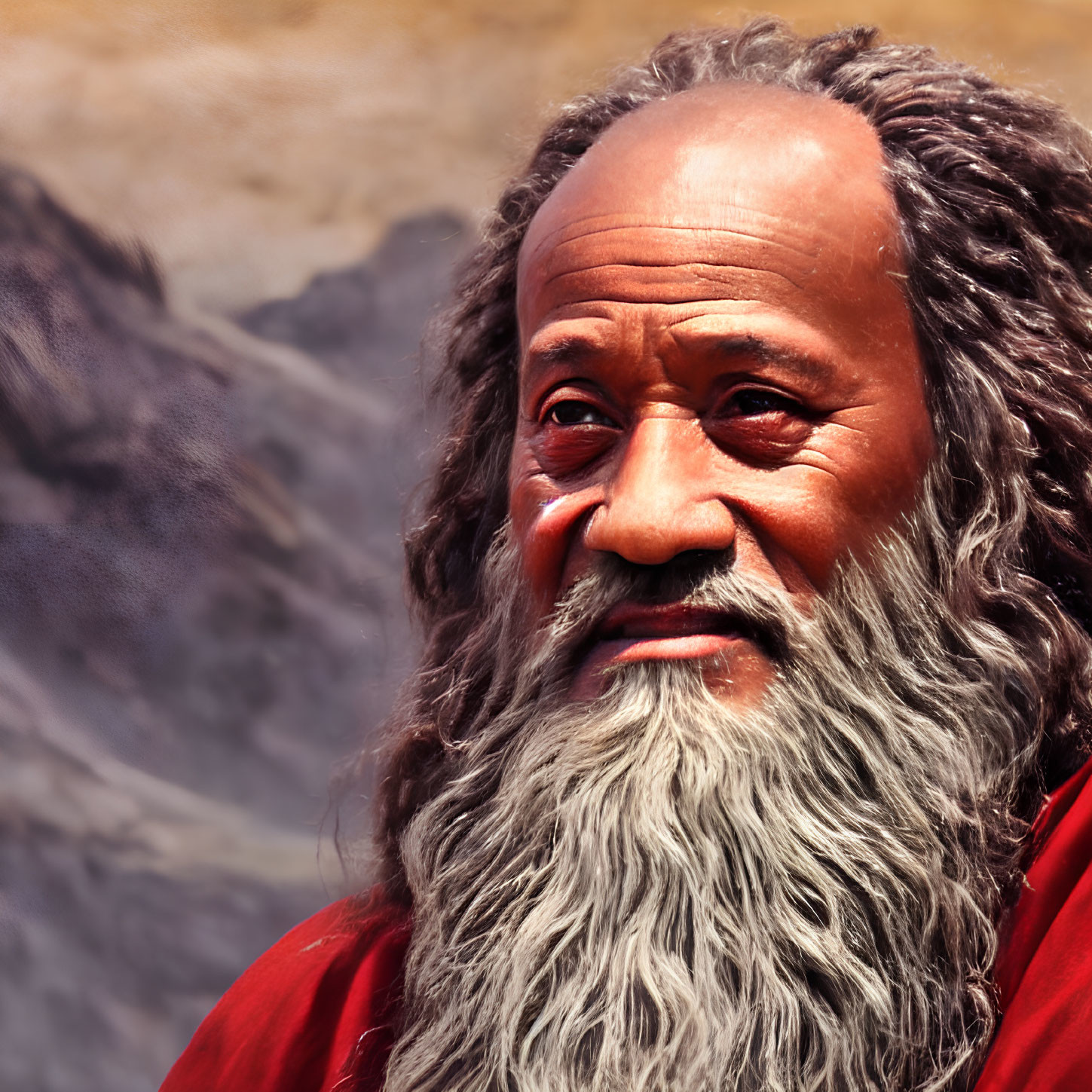 Elder with Long Gray Beard in Red Robe Against Mountainous Background