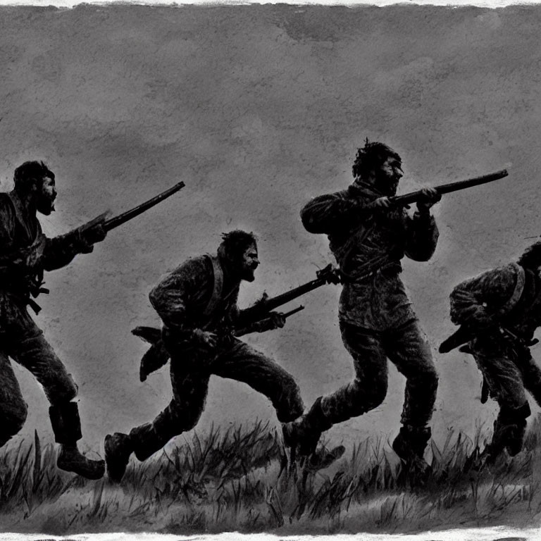 Monochrome illustration of four soldiers in vintage uniforms charging with rifles