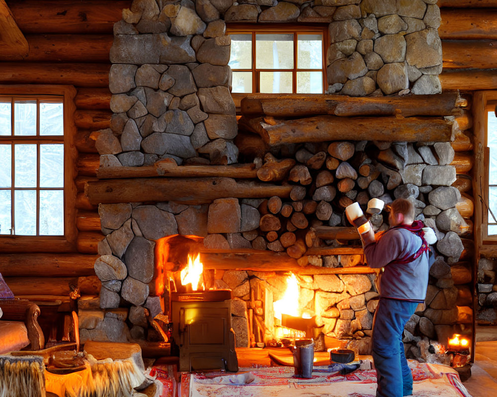 Person reading by cozy fireplace in rustic log cabin with stone and wood decor