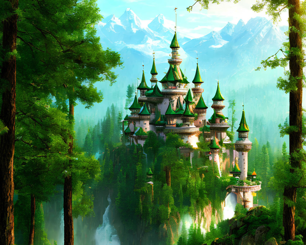 Green-roofed castle on cliff in forest with mountains and waterfall