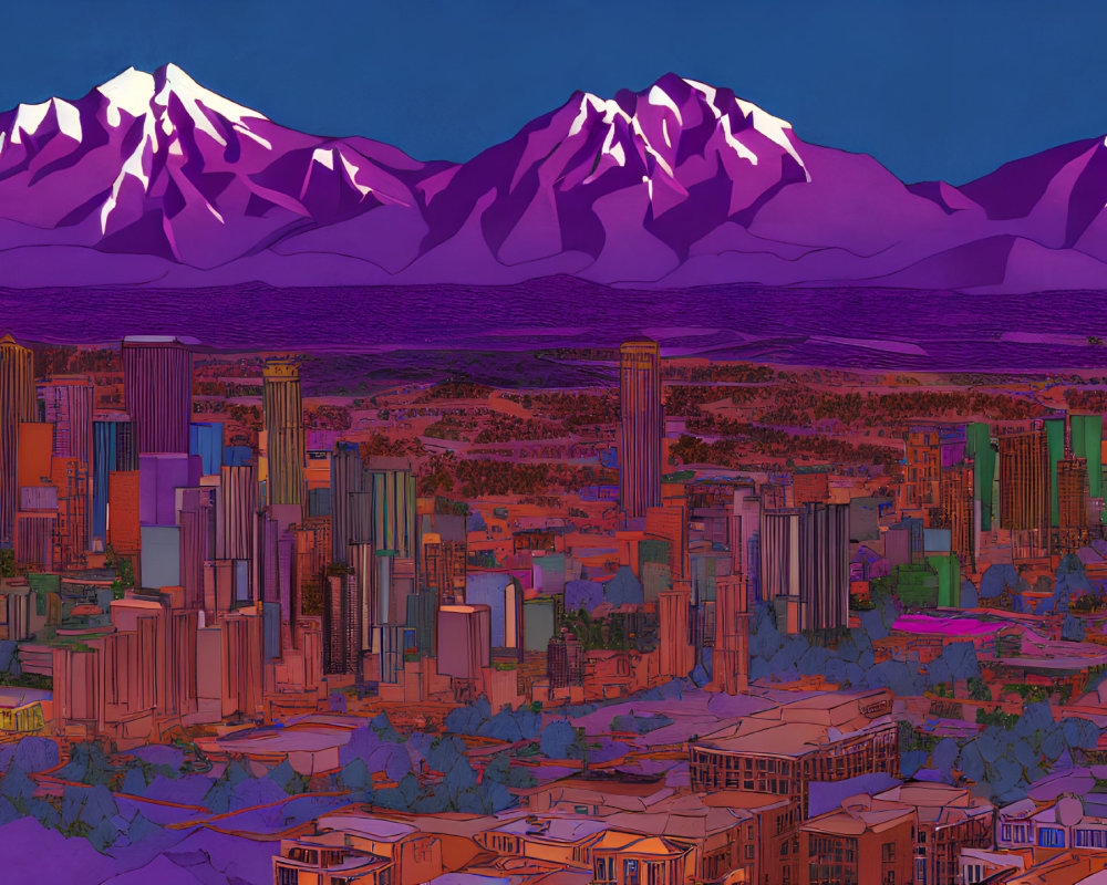 Cityscape illustration with skyscrapers, purple mountains, and twilight sky
