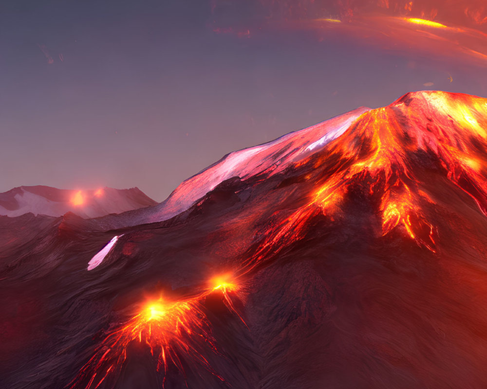 Erupting volcano with flowing lava under a reddish sky