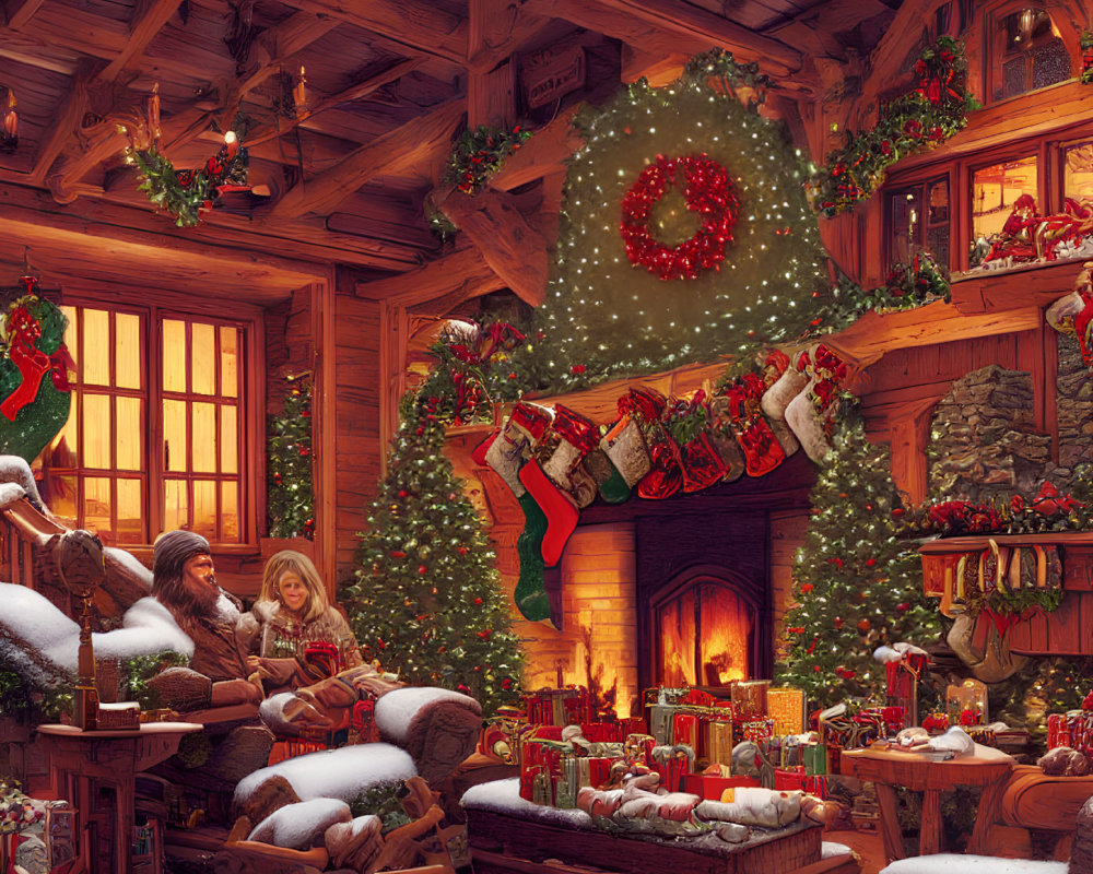 Festive Christmas scene with gift exchange by fireplace