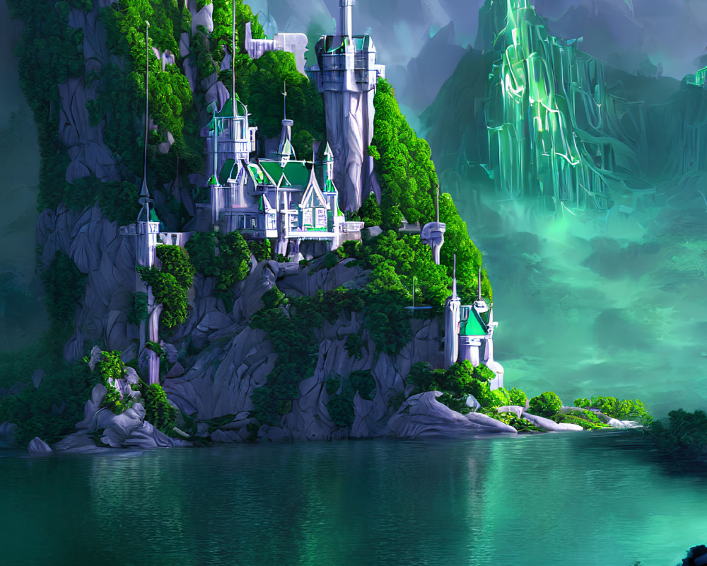 Fantastical castle with spires on rugged cliff in lush greenery