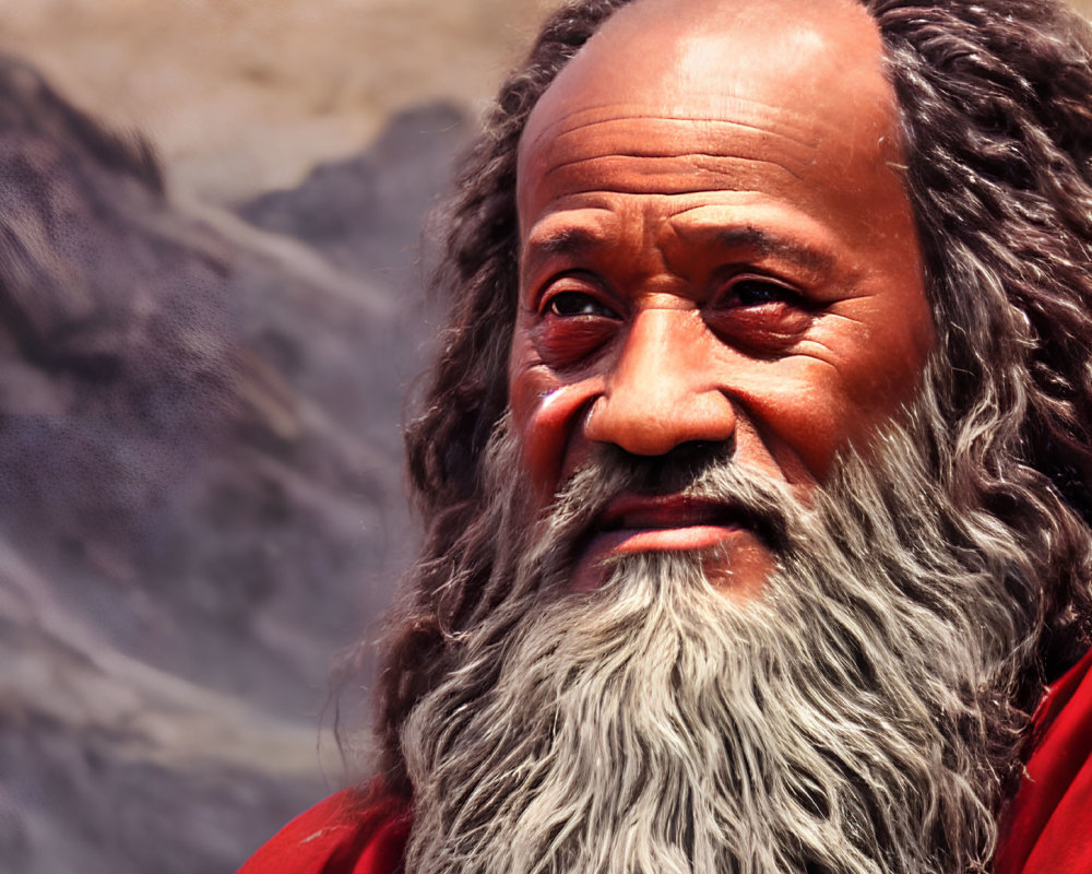 Elder with Long Gray Beard in Red Robe Against Mountainous Background