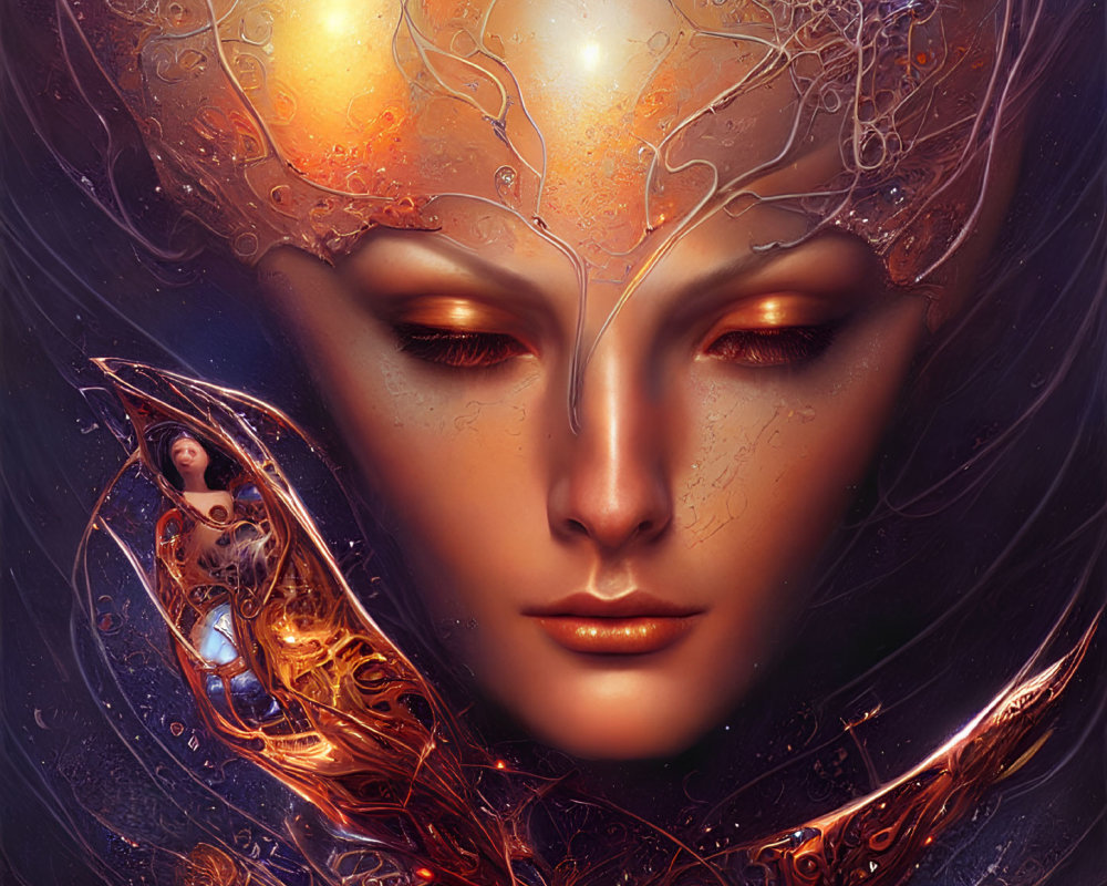 Digital artwork: Female figure with ornate golden helmet and nested humanoid against amber backdrop