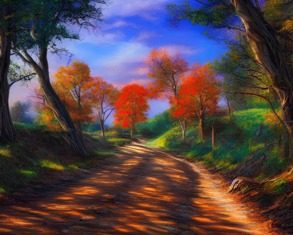 Scenic autumn landscape with winding dirt road and colorful foliage