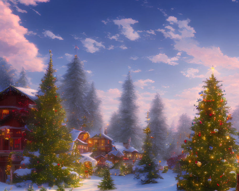 Snow-covered village at twilight with Christmas lights & evergreens