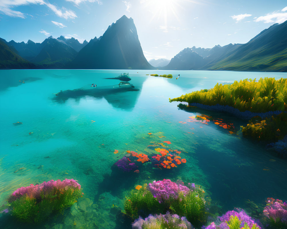 Scenic landscape with turquoise lake, colorful flora, and mountains