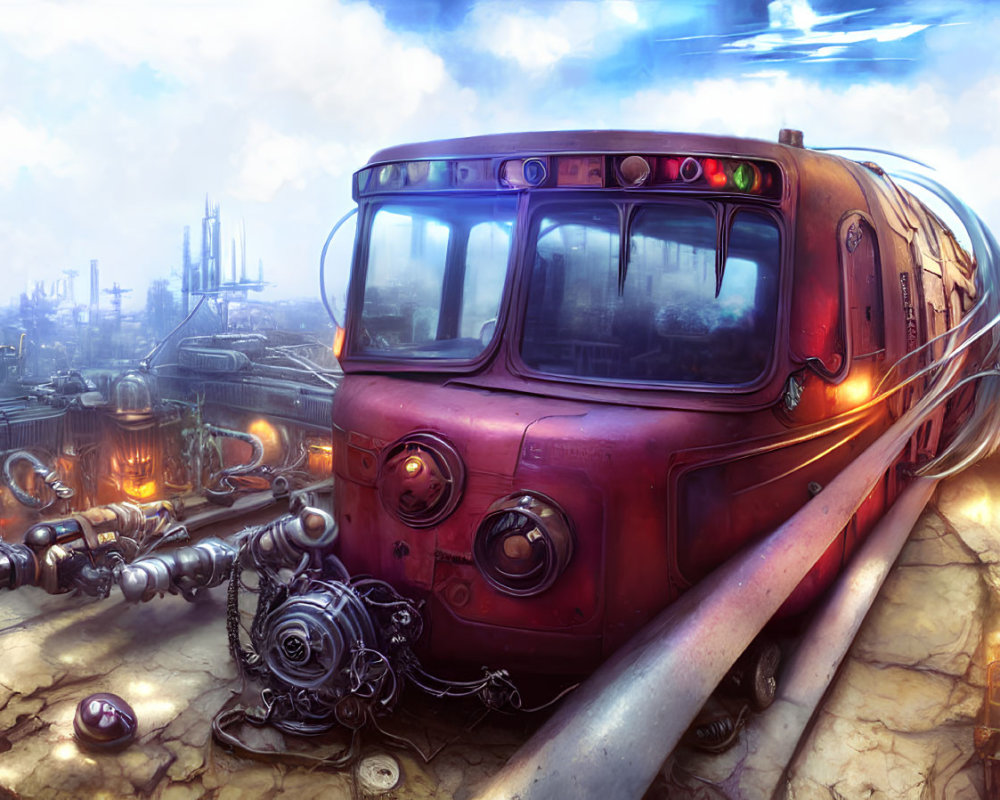 Futuristic red train in industrial landscape with robotic elements