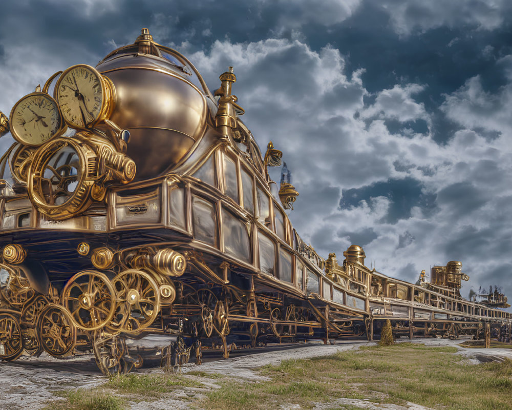 Steampunk-style train with golden gears and brass finishes under cloudy sky