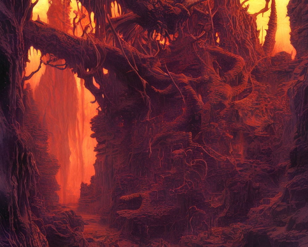 Eerie red and orange forest with twisted trees under dusky sky