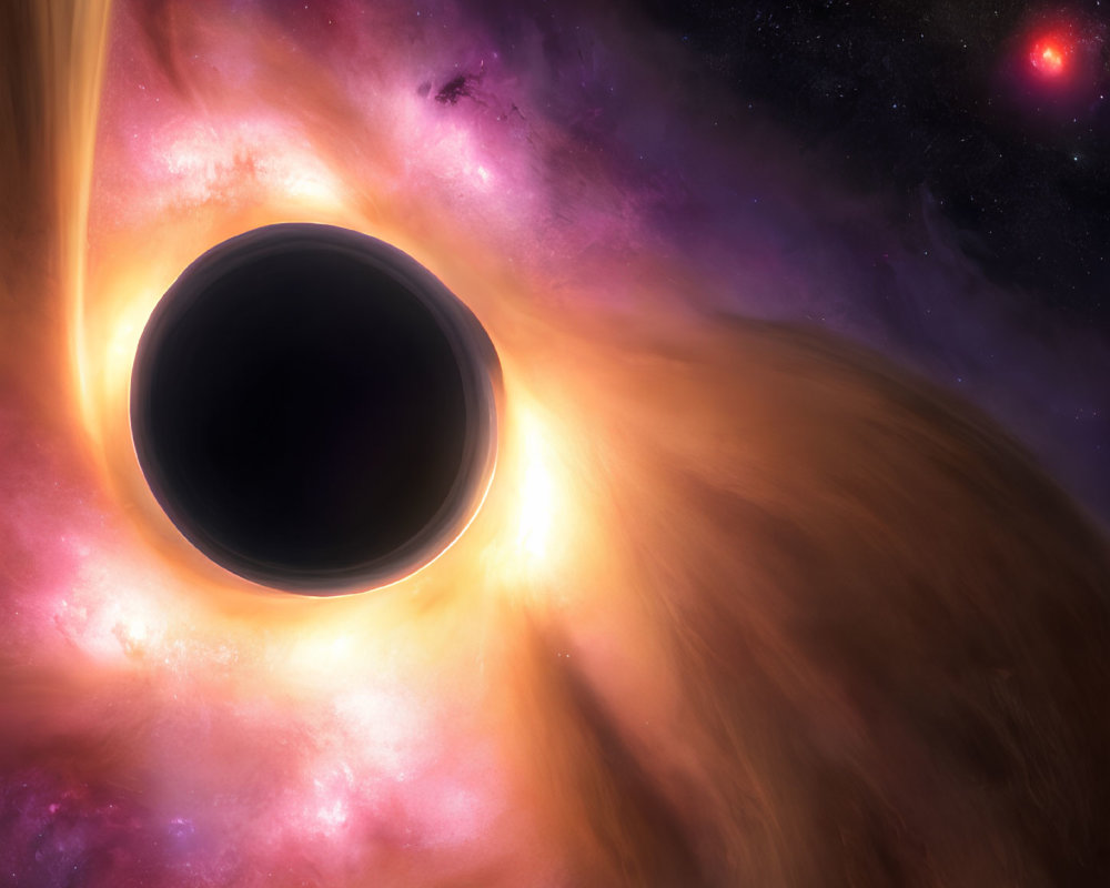 Detailed depiction of black hole with accretion disk amidst cosmic clouds and red star