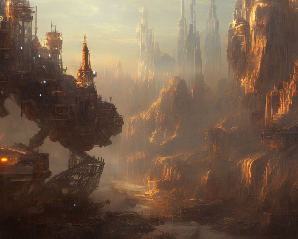 Futuristic cityscape with towering structures and cliffs in golden light